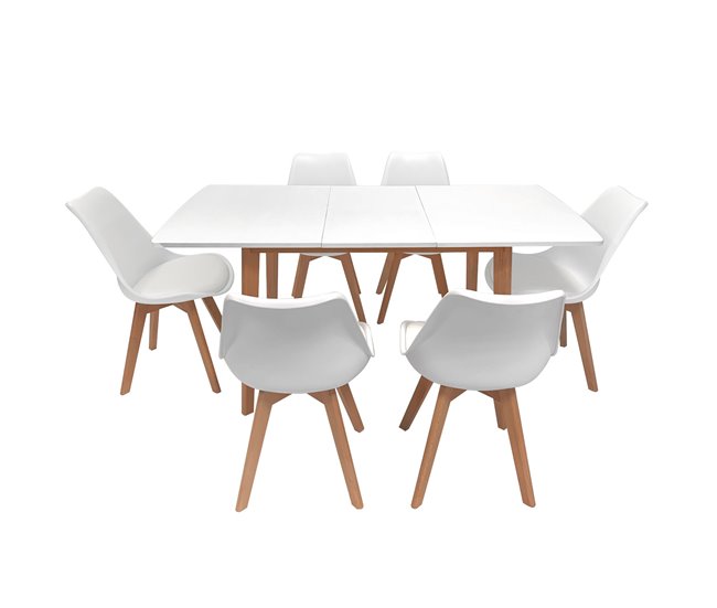 Mesa extensible Helga 120, 6 sillas Nora Blanco