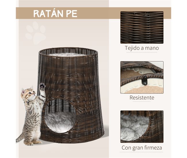 Cesta de Mimbre para Gatos Ratán PE, Metal y Poliéster PawHut Marron