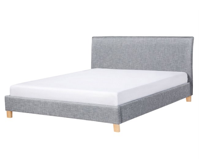 Conforama Cama con somier de poliéster gris claro/madera clara 160 x 200 cm SENNEZ
