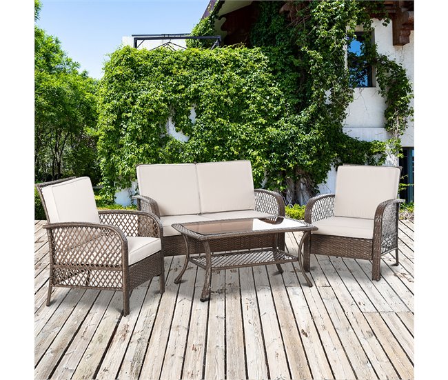 Muebles de Jardín de Ratán Metal, Ratán PE, Poliéster Outsunny Marron