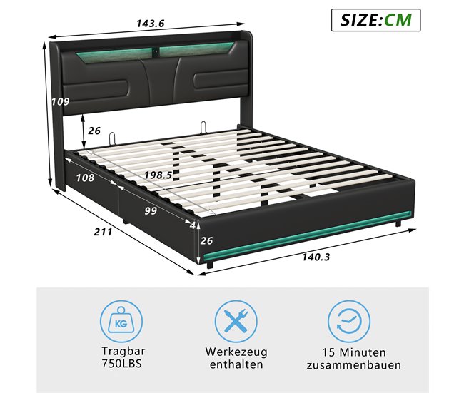 Cama, cama de matrimonio, LED, USB Negro