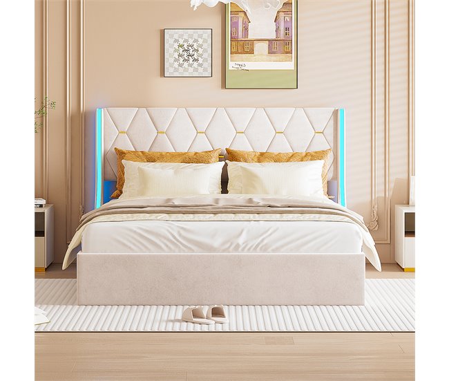 Cama estofada, LED, espaço de armazenamento Beige