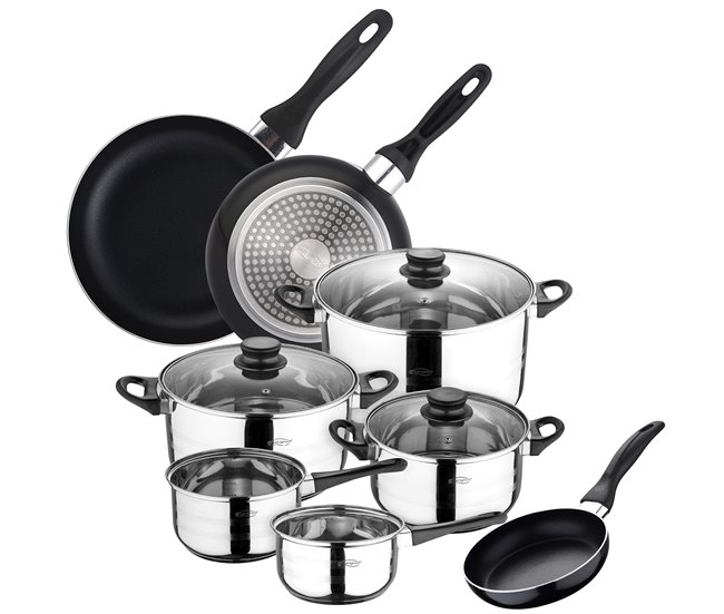 Set Juego de tres sartenes +  Batería de cocina 8 piezas Multicolor