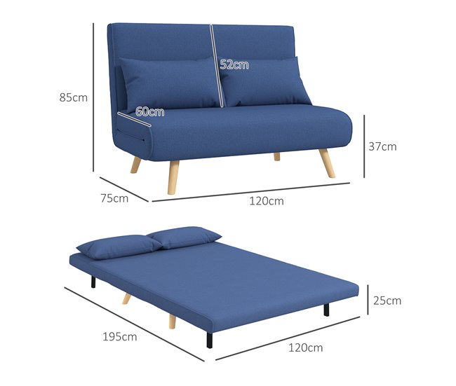Sofá Cama Doble Lino Sintético, Espuma HOMCOM Azul