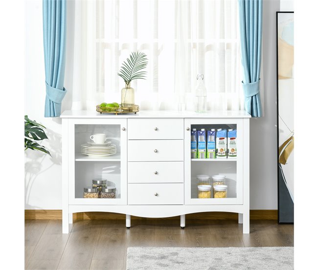 Aparador de Cocina MDF, Vidrio Templado HOMCOM 136 Blanco