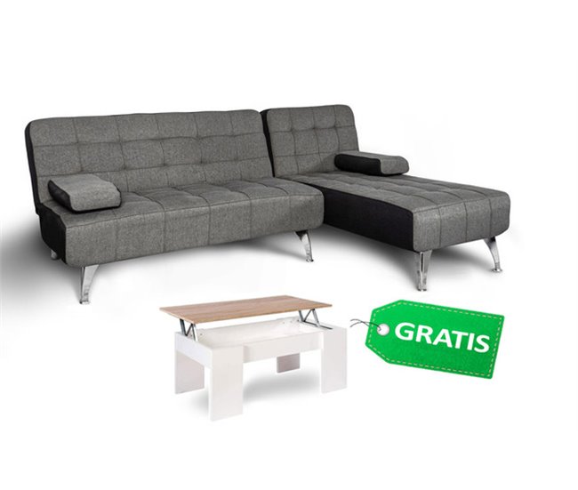 Sofá-cama chaise longue derecha con mesita de centro Gris Oscuro