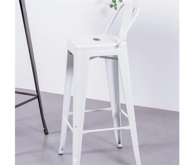 Taburete metálico industrial con respaldo bajo  - Bistro Blanco