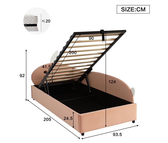Cama con almacenaje de terciopelo Rosa