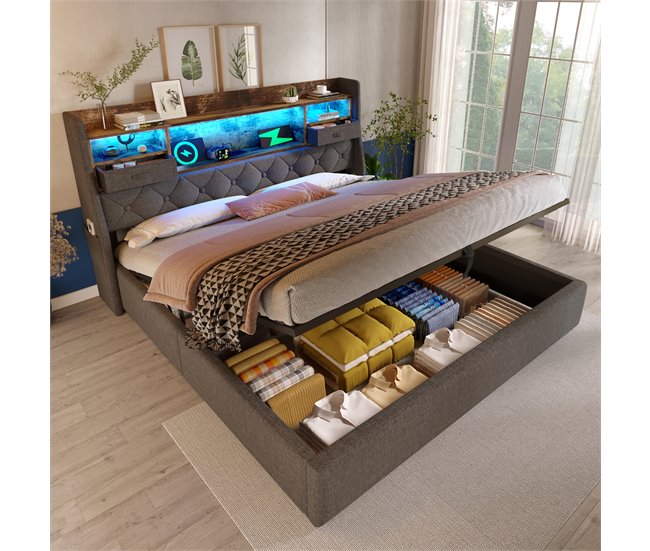 Cama de matrimonio de lino 193x221 Gris