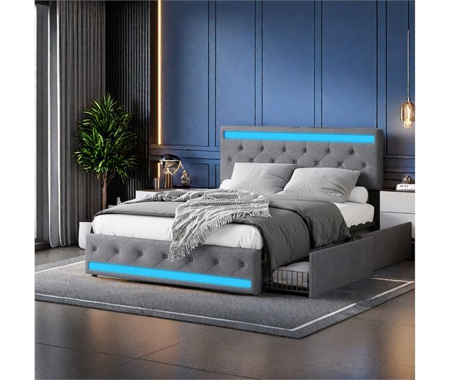 Cama doble, LED, USB, 4 cajones 162x210 Gris