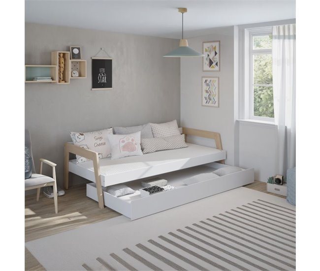 Cama doble juvenil Misty Haze 210x96 Blanco/ Madera