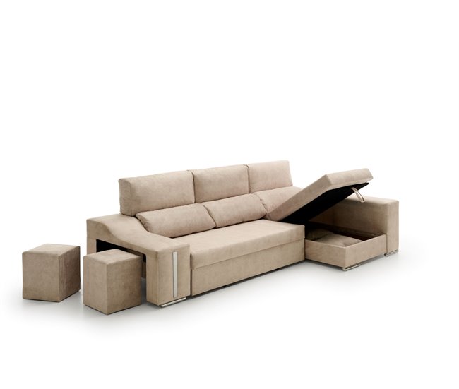 Sofa Chaise Longue Cama con Arcón y Puff Giuliana Beige