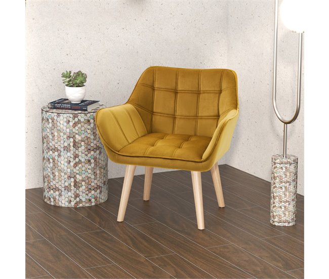Butaca de Salón Terciopelo, Madera de Caucho HOMCOM Amarillo