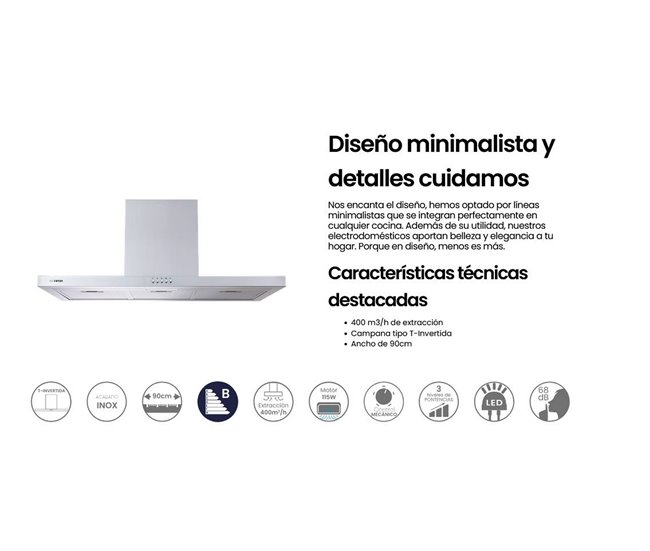 INFINITON Campana de Pared CMPT-TSH9B63X, 400 m3/h, T-Invertida Inox