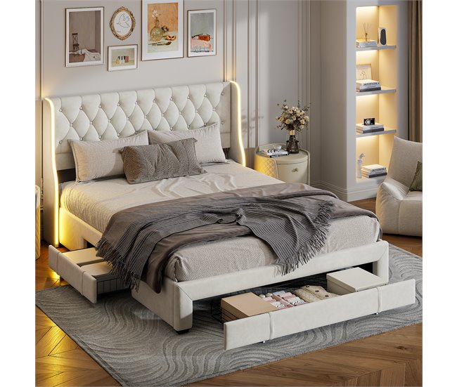 Cama, cajón, cama con canapé, LED, cama funcional Beige