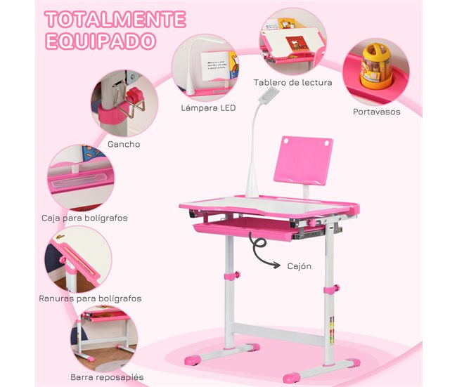 Escritorio Infantil MDF, Acero HOMCOM 70x50 Rosa