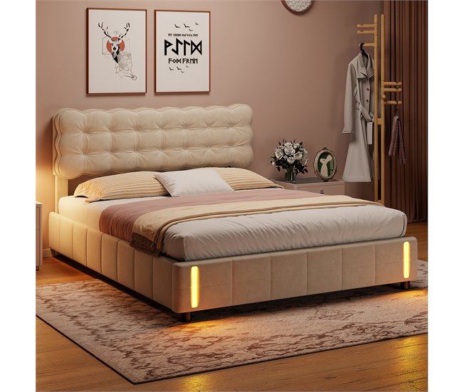 Cama contenedor acolchado, somier LED, láminas Beige