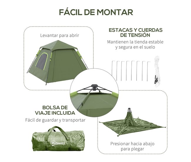 Tienda de Campaña Tafetán 210T, Fibra de Vidrio, Metal Outsunny Verde