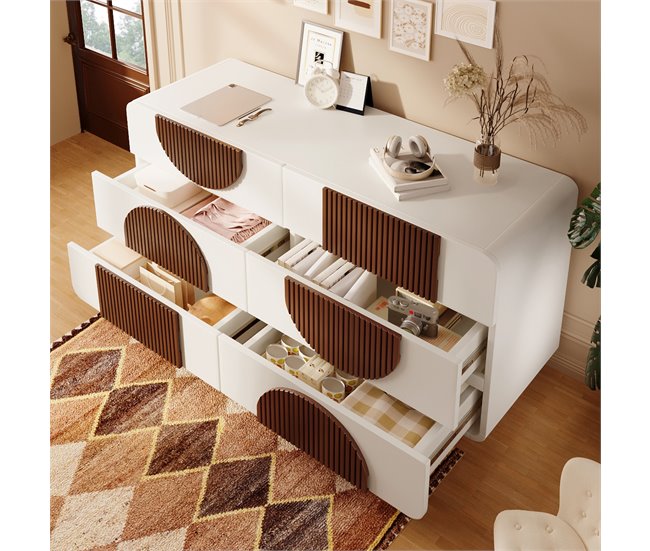 Cómoda doble con 6 cajónes Natural/ Blanco