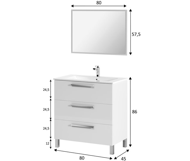 Mueble baño Alise 3 cajones espejo, sin lavabo, Blanco brillo Blanco