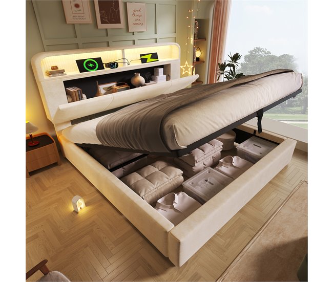 Cama con almacenaje de terciopelo 145x211 Beige
