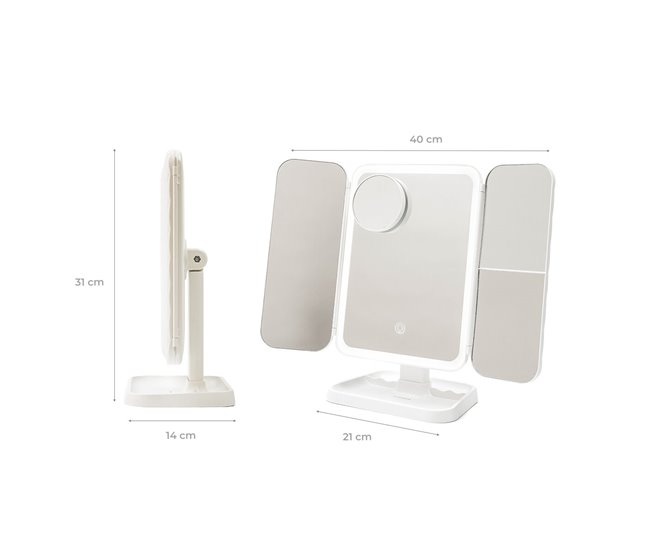 Espejo de Maquillaje Tríptico Recargable con Aumento y Luz LED Blanco