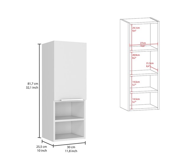 Armario de Pared baño Mila en melamina con una puerta y 4 estantes Blanco