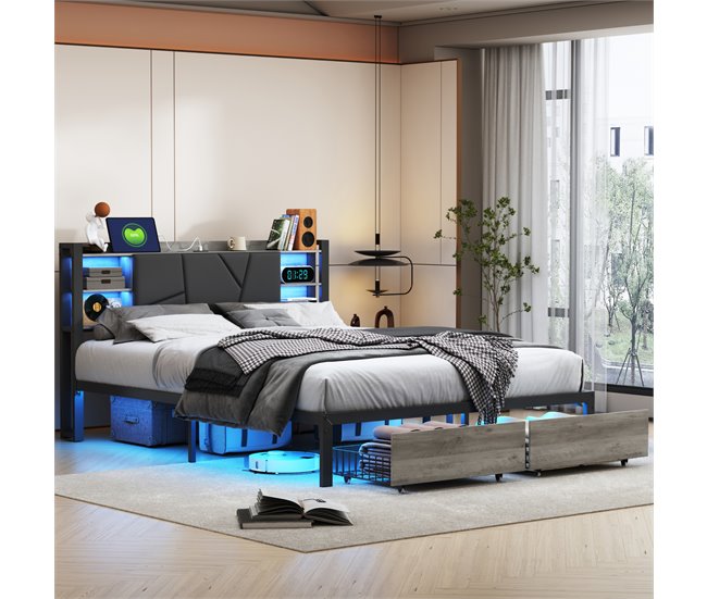 Cama doble con USB, 2 cajones, cabecero PU y LED Negro