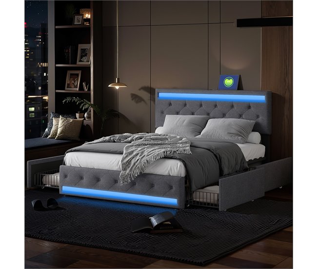 Cama doble, LED, USB, 4 cajones 162x210 Gris