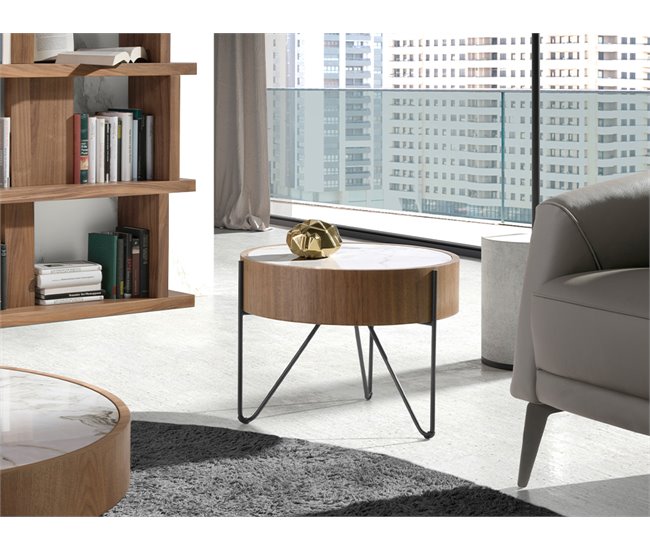 ANGEL CERDÁ Mesa rincón redonda mármol porcelánico Blanco/ Madera