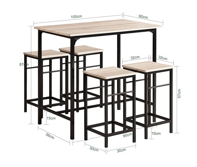 Set Mesa Alta de Bar y 4 Taburetes OGT11-N SoBuy Madera