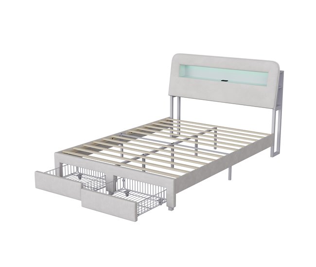 Cama tapizada, LED, USB, 2 cajones Beige