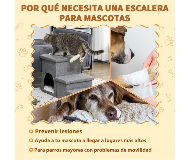Escalera para Mascotas MDF, Lino sintético, Felpa, Algodón PP Gris