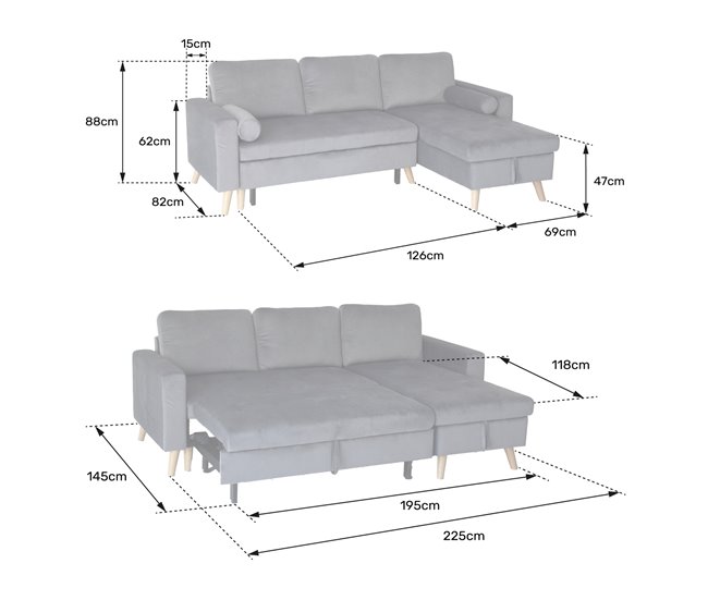 Sofá cama esquinero de terciopelo de 3 plazas JAMES Gris