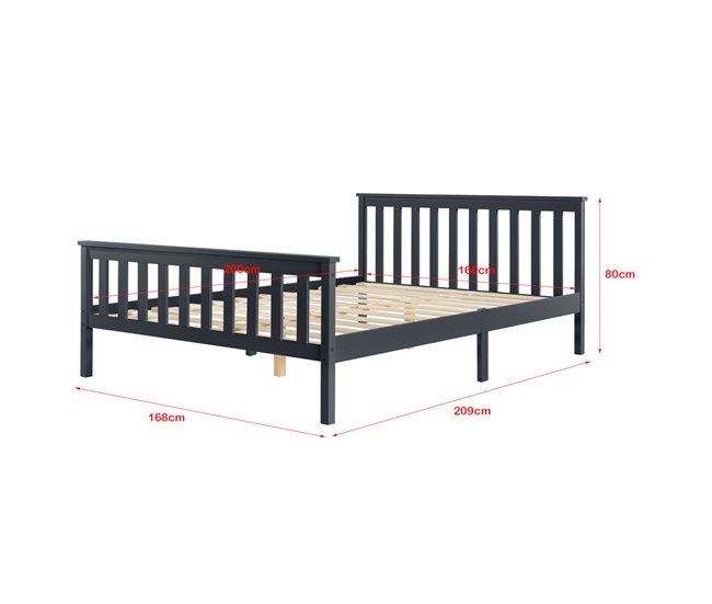 Cama doble de pino Breda con Somier y Reposacabezas - 168x209 Gris Oscuro