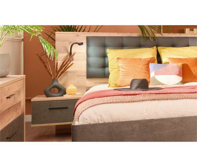 Conjunto cama con cabecero y mesitas de noche RICCIANO Roble