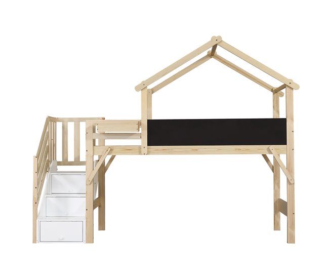 Cama alta cabaña infantil de madera de pino Natural/ Blanco