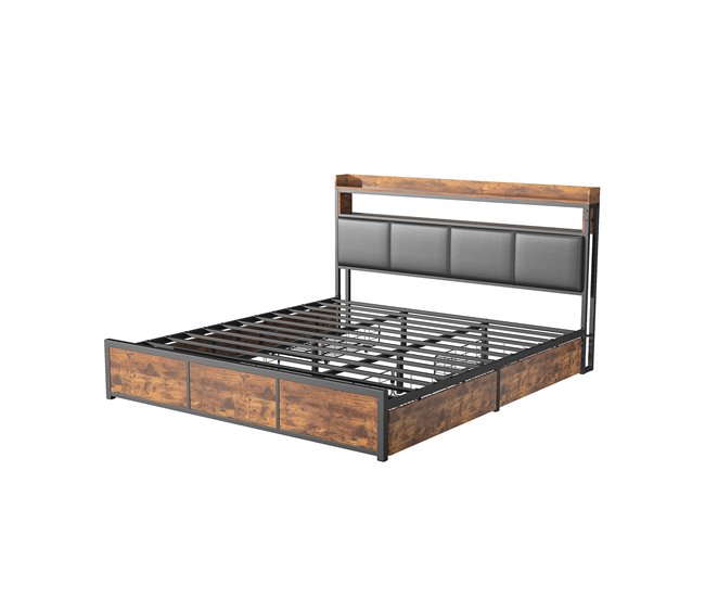 Cama, Cama de metal, 4 cajones, LED, Cama juvenil 182x217 Negro