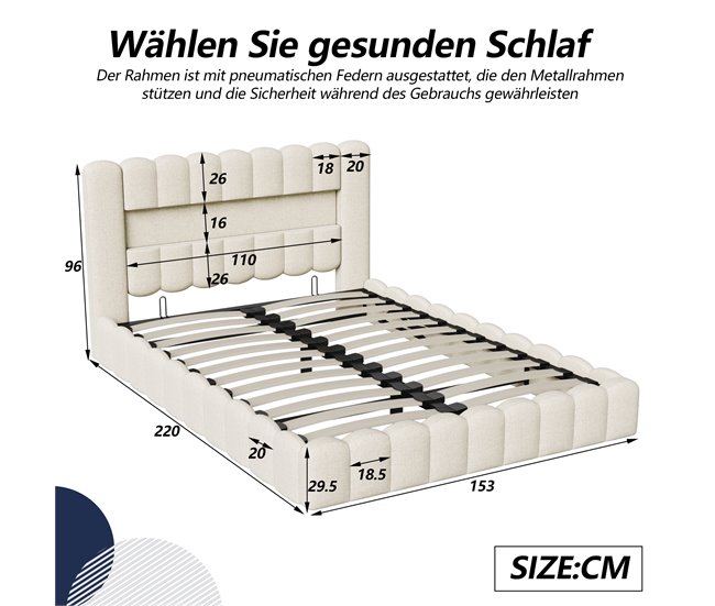 Cama con cabecero LED, cama acolchada con almacenaje 153x220 Beige