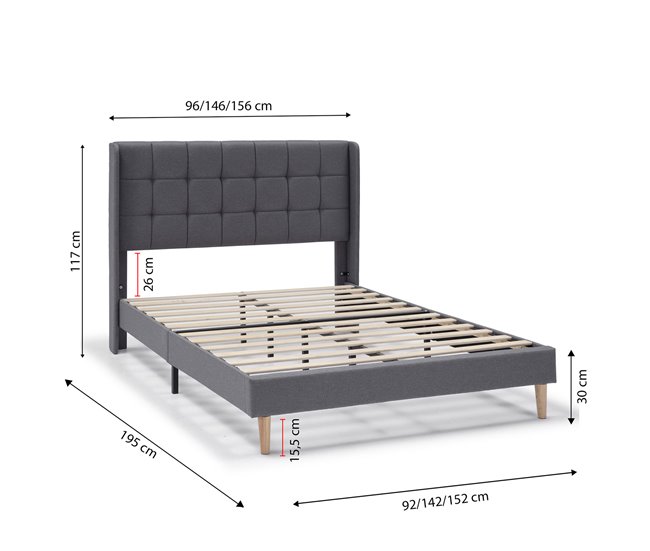 Estructura de Cama tapizada Esther 135x190 Gris Oscuro