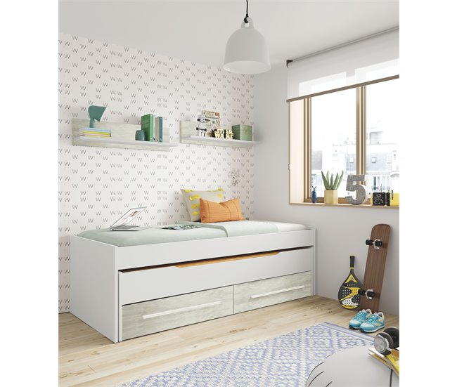 Cama juvenil doble DUO con 2 cajones y 2 estanterias Blanco