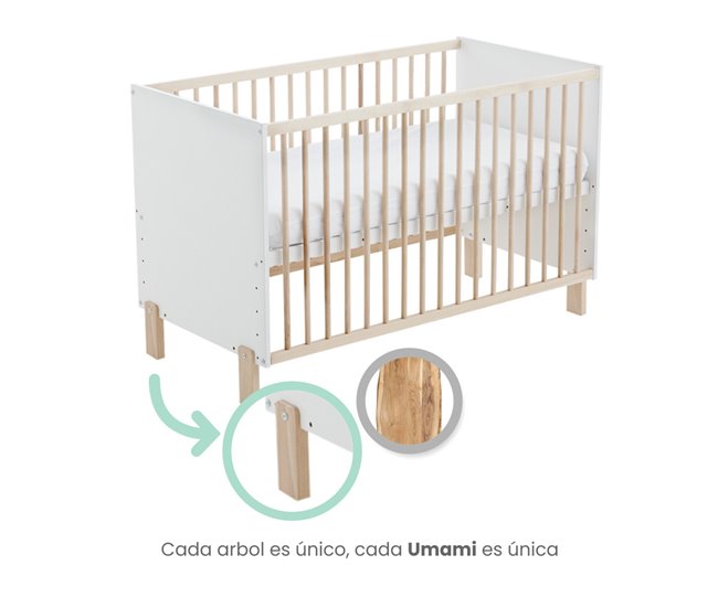 Cuna colecho Umami + Barandillas + 4 ruedas Blanco/ Madera