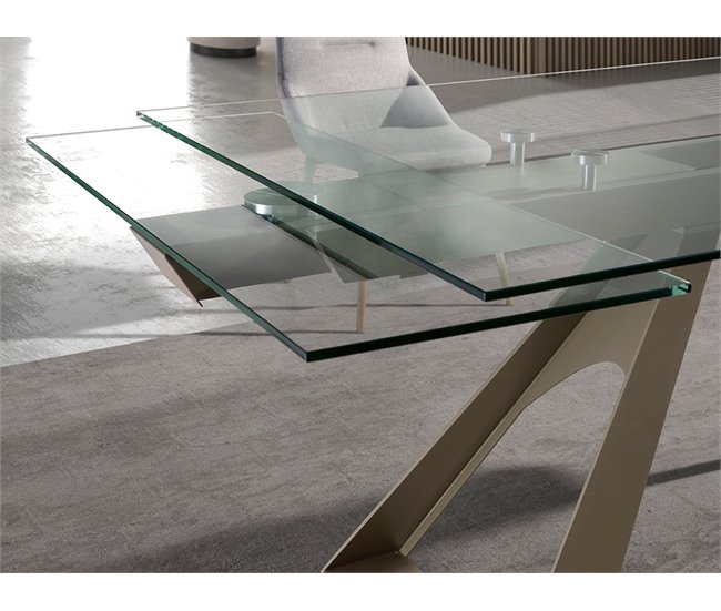 ANGEL CERDA Mesa comedor extensible rectangular cristal templado y acero gris taupé 240x100 Transparente