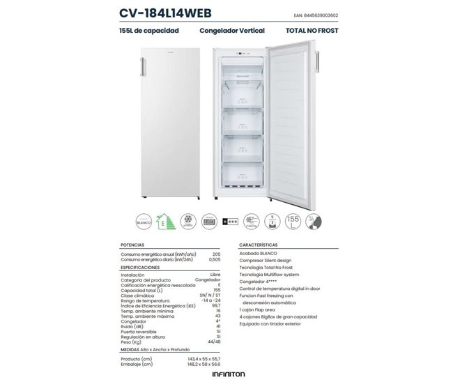 Congelador Vertical Infiniton CV-184L14WEB, 155 l, E, Total No Frost Blanco