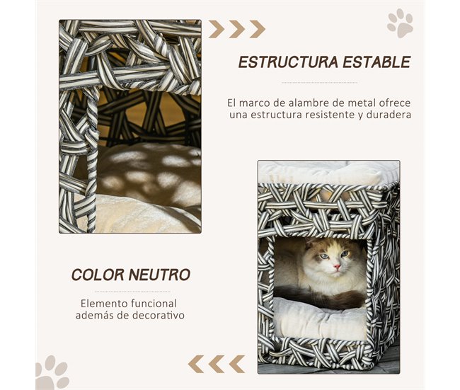 Cesta de Ratán para Gatos Metal, Ratán PE y Algodón PP PawHut Multicolor