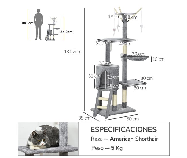 Árbol para Gatos Aglomerado de Madera, Sisal PawHut Gris