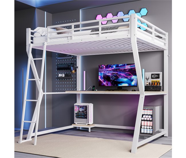 Cama alta para niños 145x204 Blanco/ Madera