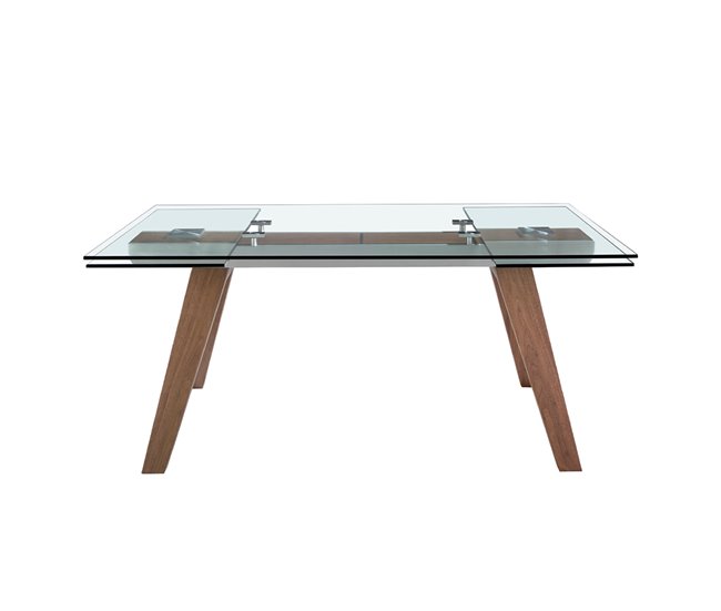 ANGEL CERDA Mesa comedor extensible rectangular cristal templado y nogal 270x100 Nogal
