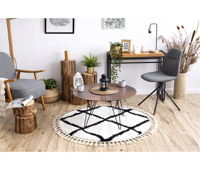 Alfombra BERBER CROSS Franjas Bereber Marroquí Shaggy 160x160 Blanco/ Gris