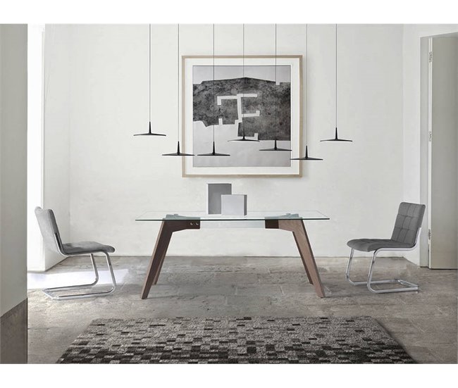 ANGEL CERDA Mesa comedor rectangular cristal templado y nogal Nogal